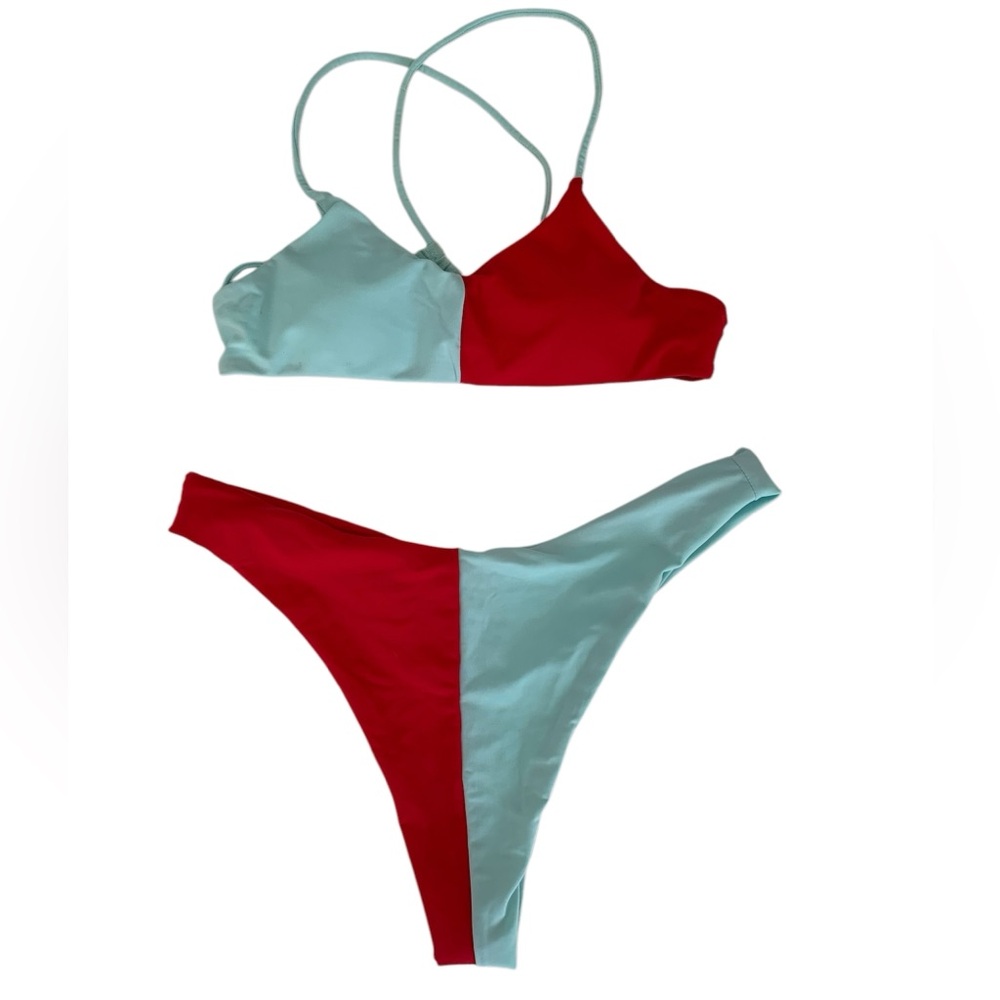 Colorblock Bikini Set Red Blue 2 PC Tie Back High Leg Bottoms Medium